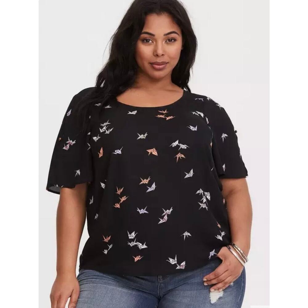 TORRID Black Crane Georgette Bow Back Blouse Plus Size 2 Sleeve Career Top Women
